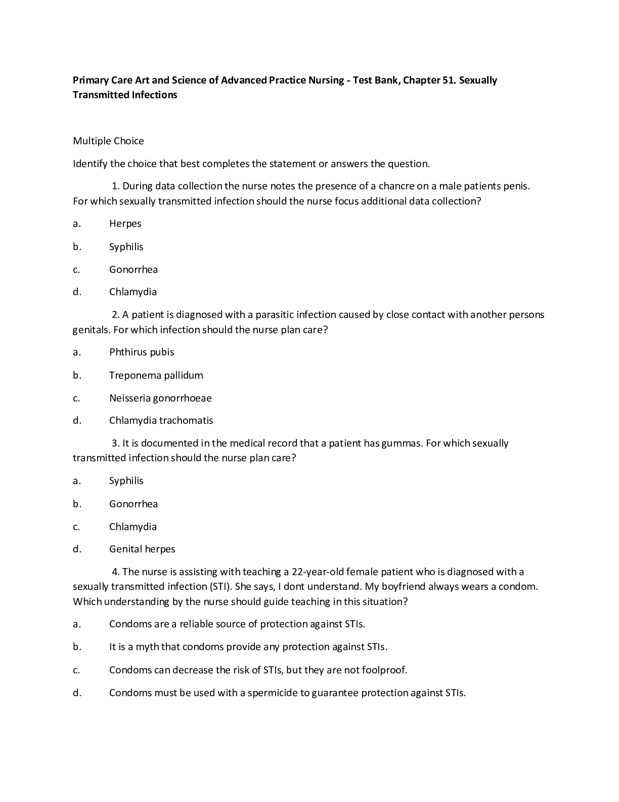 Preview image for Primary Care Art and Science of Advanced Practice Nursing - Test Bank, Chapter 51. Sexually Transmitted Infections